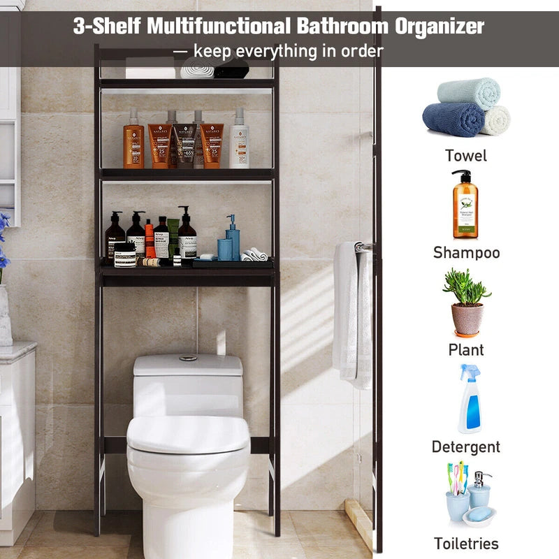 3-Tier Wood Over the Toilet Storage Rack for Bathroom &amp; Laundry-Brown