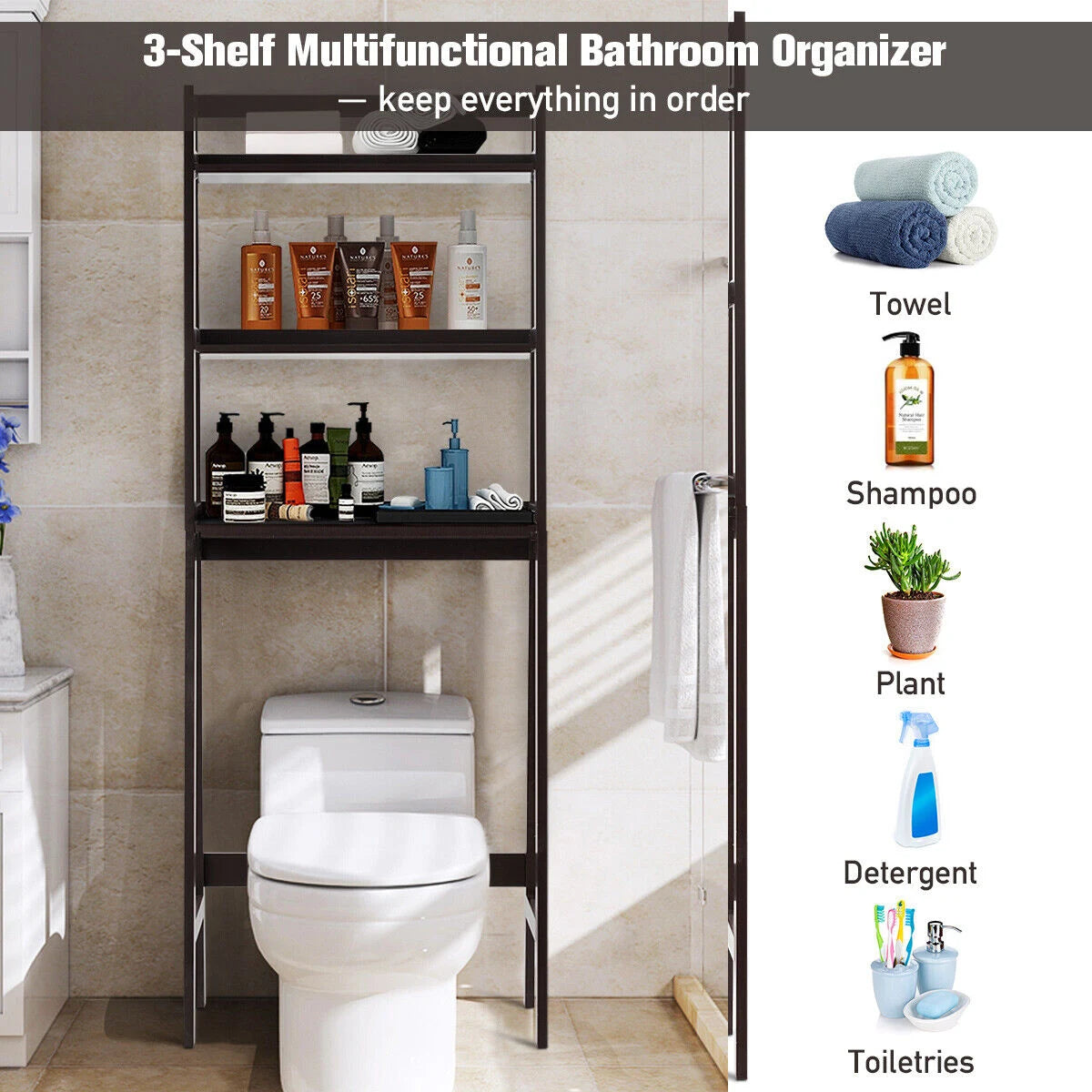 3-Tier Wood Over the Toilet Storage Rack for Bathroom &amp; Laundry-Brown