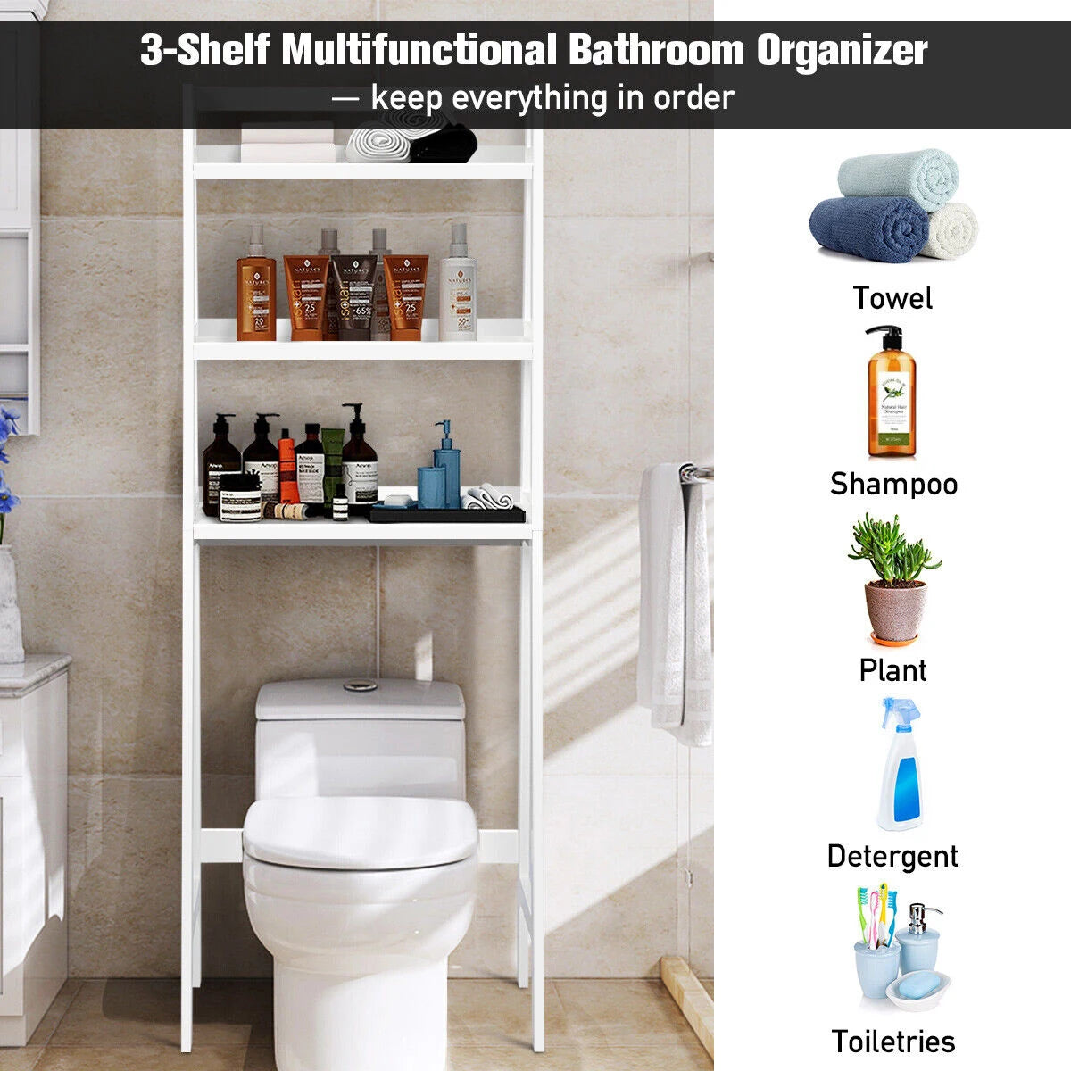 3-Tier Wood Over the Toilet Storage Rack for Bathroom &amp; Laundry-White