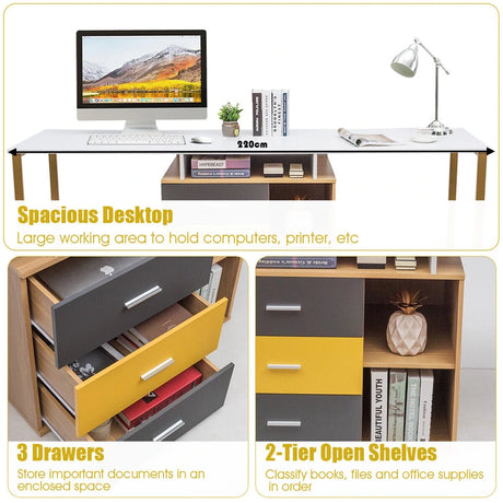 L-Shaped Computer Desk for Two Person with 3 Storage Drawers and Shelves