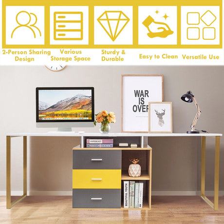 L-Shaped Computer Desk for Two Person with 3 Storage Drawers and Shelves