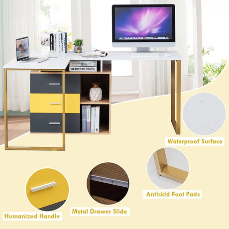 L-Shaped Computer Desk for Two Person with 3 Storage Drawers and Shelves