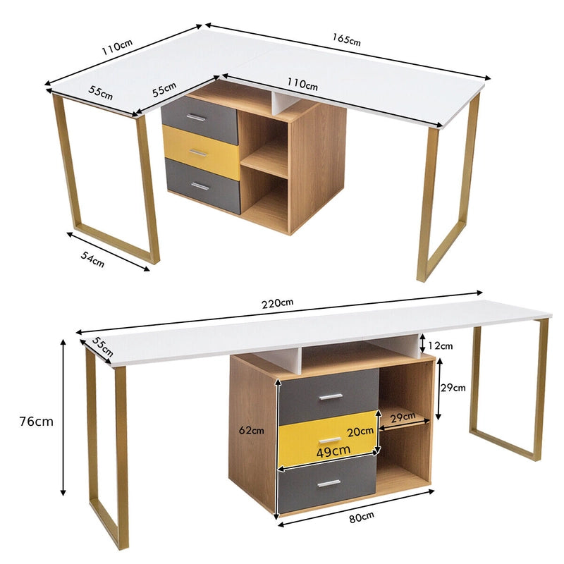 L-Shaped Computer Desk for Two Person with 3 Storage Drawers and Shelves
