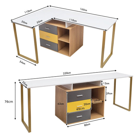 L-Shaped Computer Desk for Two Person with 3 Storage Drawers and Shelves