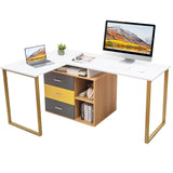 L-Shaped Computer Desk for Two Person with 3 Storage Drawers and Shelves