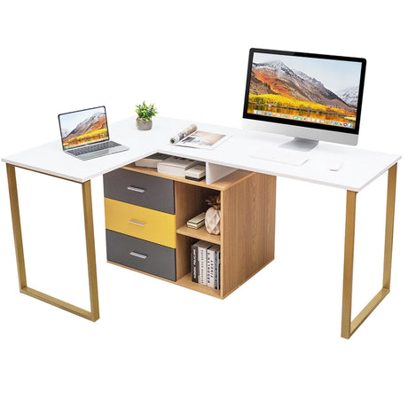 L-Shaped Computer Desk for Two Person with 3 Storage Drawers and Shelves