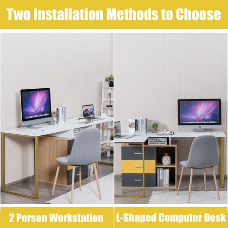 L-Shaped Computer Desk for Two Person with 3 Storage Drawers and Shelves