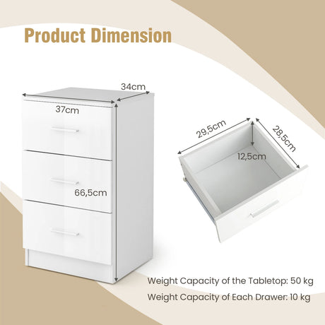 3 Drawer Bedside Table High Gloss 37.1 x 34.2 x 66.5 cm White