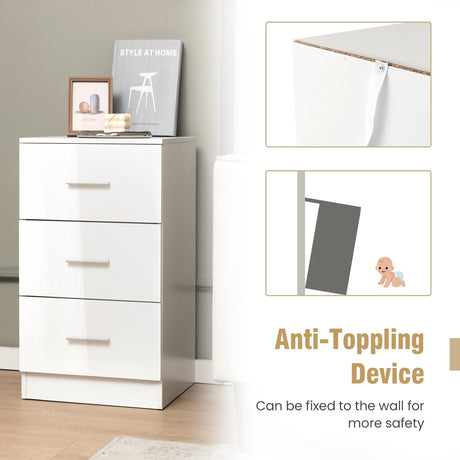 3 Drawer Bedside Table High Gloss 37.1 x 34.2 x 66.5 cm White