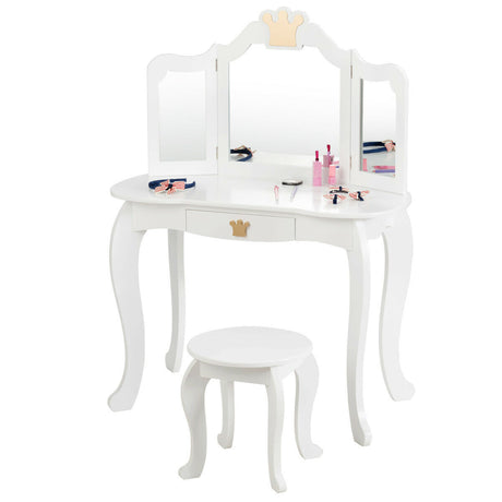 Kids Vanity Table and Chair Set with Mirror &amp; Drawer for Girls-White