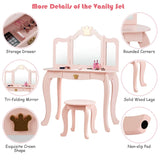 Kids Dressing Table and Stool Set with Tri-fold Mirror and Drawer