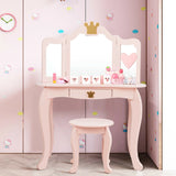 Kids Dressing Table and Stool Set with Tri-fold Mirror and Drawer