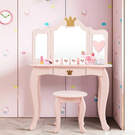 Kids Dressing Table and Stool Set with Tri-fold Mirror and Drawer