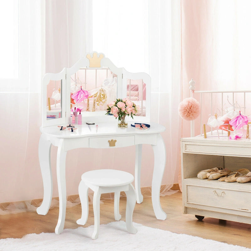 Kids Vanity Table and Chair Set with Mirror &amp; Drawer for Girls-White