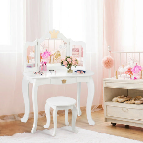 Kids Vanity Table and Chair Set with Mirror &amp; Drawer for Girls-White