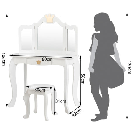 Kids Vanity Table and Chair Set with Mirror &amp; Drawer for Girls-White