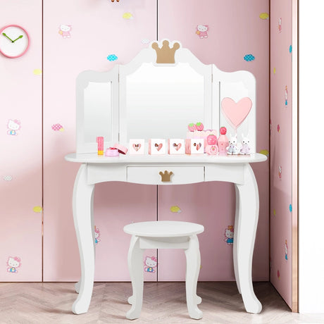 Kids Vanity Table and Chair Set with Mirror &amp; Drawer for Girls-White