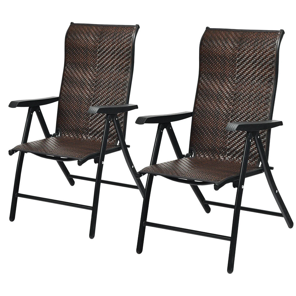 2 Piece Outdoor Patio Rattan Folding Chair with Adjustable High Backrest for Garden Balcony