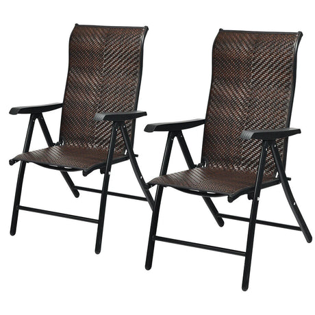 2 Piece Outdoor Patio Rattan Folding Chair with Adjustable High Backrest for Garden Balcony