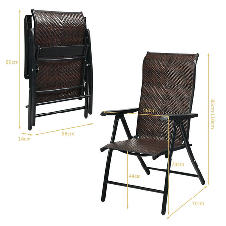 2 Piece Outdoor Patio Rattan Folding Chair with Adjustable High Backrest for Garden Balcony