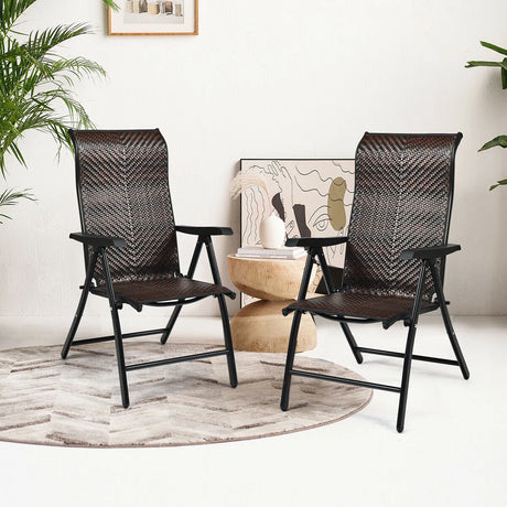 2 Piece Outdoor Patio Rattan Folding Chair with Adjustable High Backrest for Garden Balcony