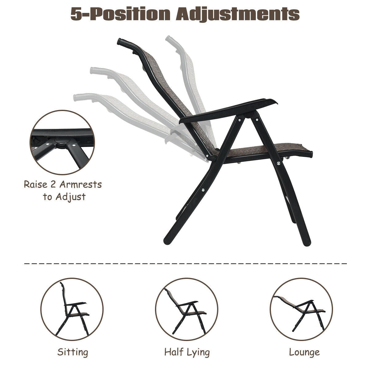 2 Piece Outdoor Patio Rattan Folding Chair with Adjustable High Backrest for Garden Balcony