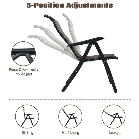 2 Piece Outdoor Patio Rattan Folding Chair with Adjustable High Backrest for Garden Balcony
