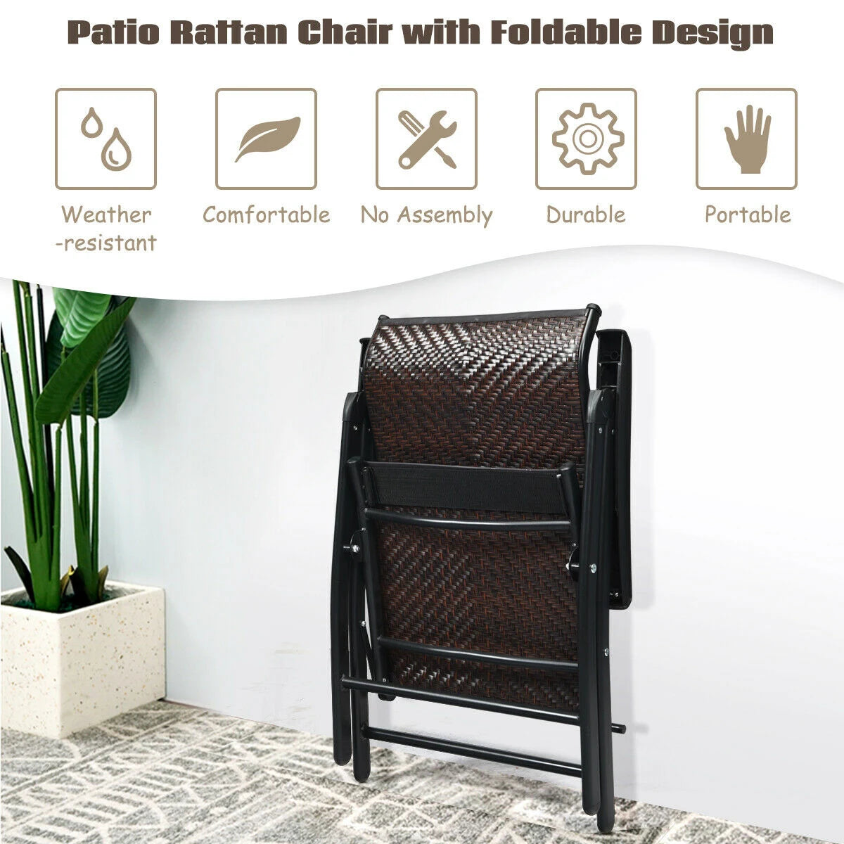 2 Piece Outdoor Patio Rattan Folding Chair with Adjustable High Backrest for Garden Balcony