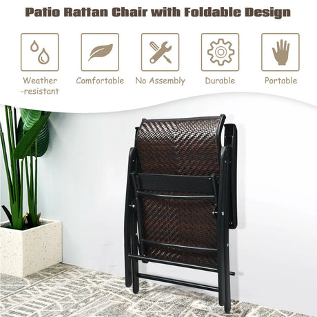 2 Piece Outdoor Patio Rattan Folding Chair with Adjustable High Backrest for Garden Balcony