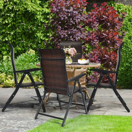 2 Piece Outdoor Patio Rattan Folding Chair with Adjustable High Backrest for Garden Balcony