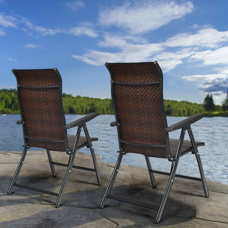 2 Piece Outdoor Patio Rattan Folding Chair with Adjustable High Backrest for Garden Balcony