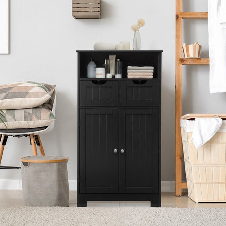 Bathroom Floor Cabinet with Open Shelf &amp; 2 Drawers-Black