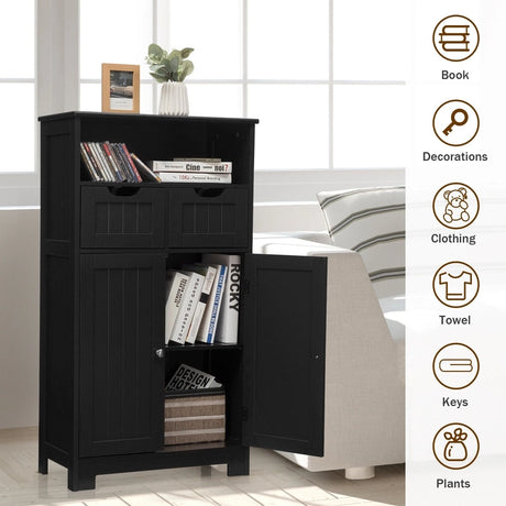 Bathroom Floor Cabinet with Open Shelf &amp; 2 Drawers-Black
