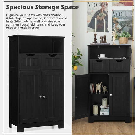 Bathroom Floor Cabinet with Open Shelf &amp; 2 Drawers-Black