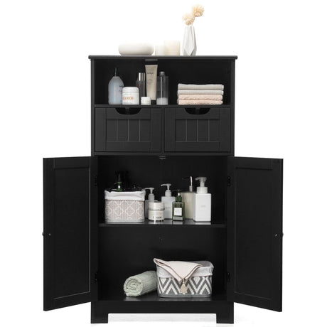 Bathroom Floor Cabinet with Open Shelf &amp; 2 Drawers-Black