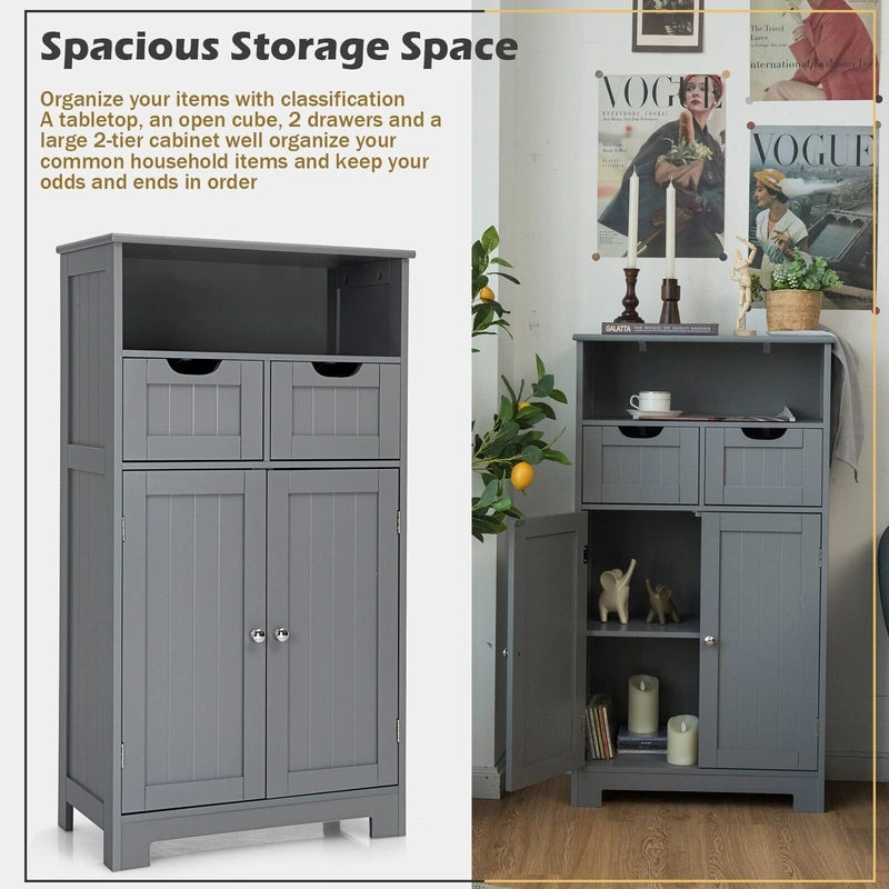 Bathroom Floor Cabinet with Open Shelf &amp; 2 Drawers-Grey