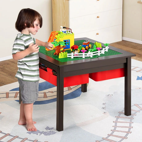 5-in-1 Kids Activity Play Table Building Block Table With Storage Drawers-Brown
