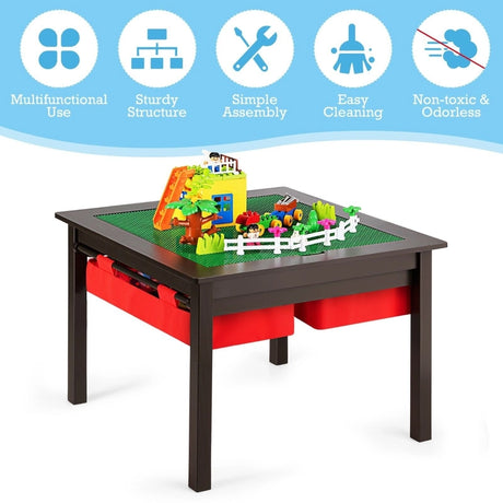 5-in-1 Kids Activity Play Table Building Block Table With Storage Drawers-Brown