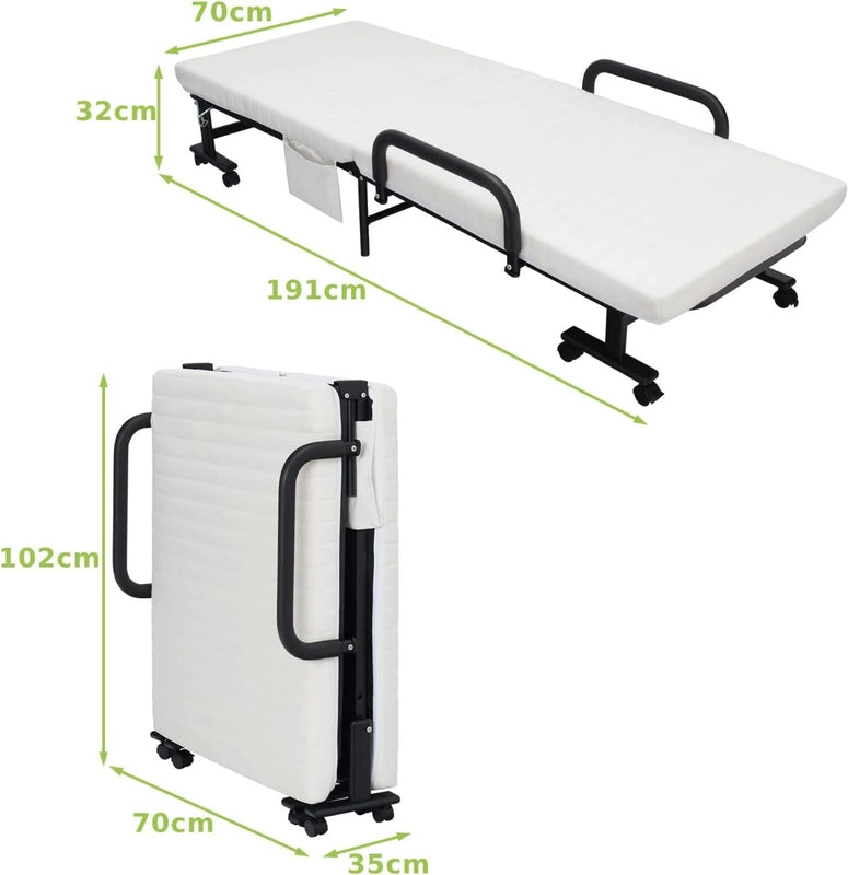 Folding Single Guest Bed with Mattress &amp; Metal Frame-White