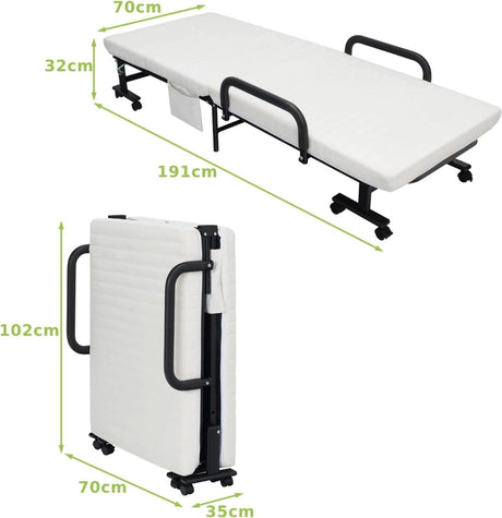 Folding Single Guest Bed with Mattress &amp; Metal Frame-White