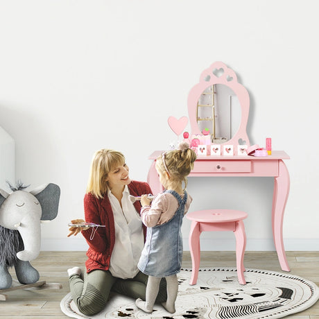 Kids Vanity Table and Stool with Removable Mirror and Drawer-Pink
