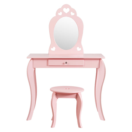 Kids Vanity Table and Stool with Removable Mirror and Drawer-Pink