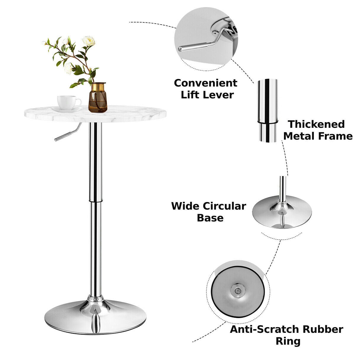 Modern Height Adjustable and 360 Swivel Bar Table with Marble Patterns