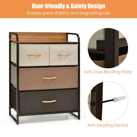 4-Drawer Tower Steel Frame Wooden Top Dresser Storage with 3-Tier Organizer