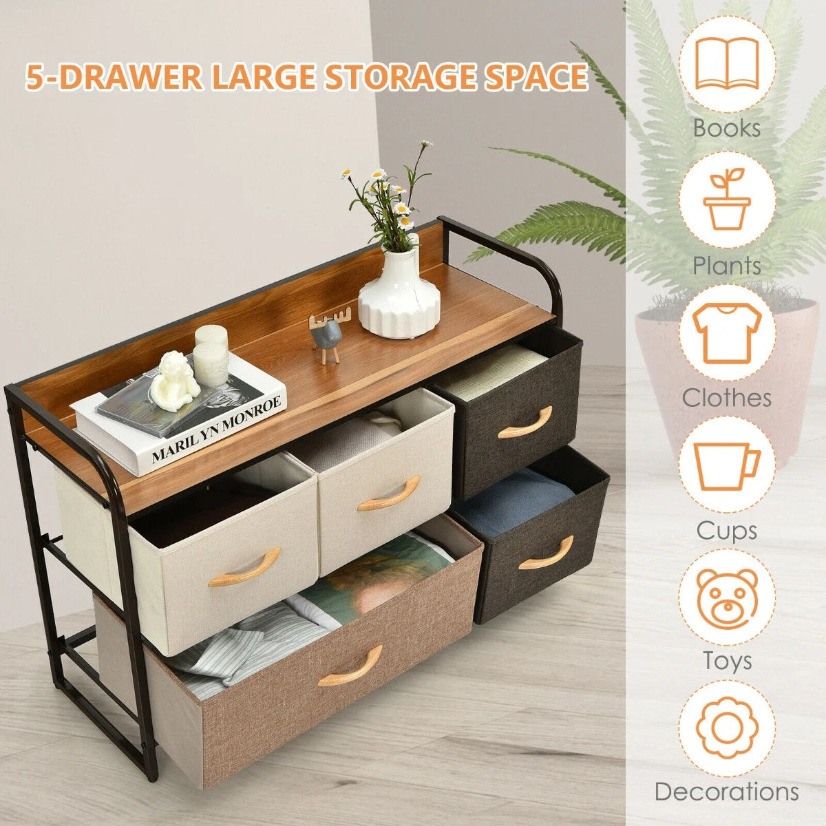 5-Drawer Dresser Storage Tower with Fold-able Fabric Drawers