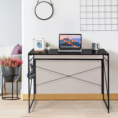 Folding Computer Desk Writing Study Desk Home Office with 6 Hooks-Black