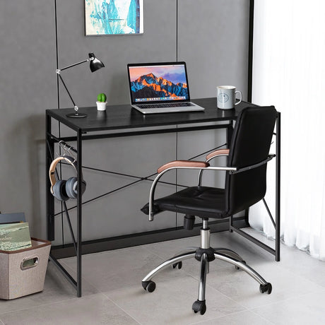 Folding Computer Desk Writing Study Desk Home Office with 6 Hooks-Black
