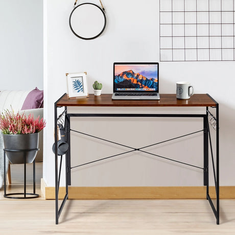Folding Computer Desk Writing Study Desk Home Office with 6 Hooks-Brown