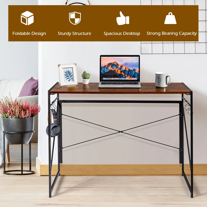 Folding Computer Desk Writing Study Desk Home Office with 6 Hooks-Brown