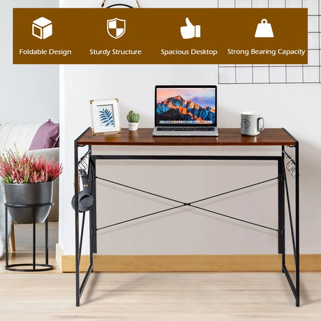 Folding Computer Desk Writing Study Desk Home Office with 6 Hooks-Brown